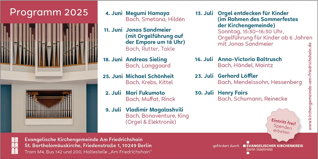 Programm 2025 der Orgelmusikreihe in der St. Bartholomäuskirche.