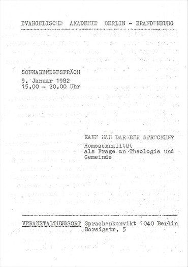 Ankündigung für ein Gespräch über Homosexualität und Theologie, 1982.