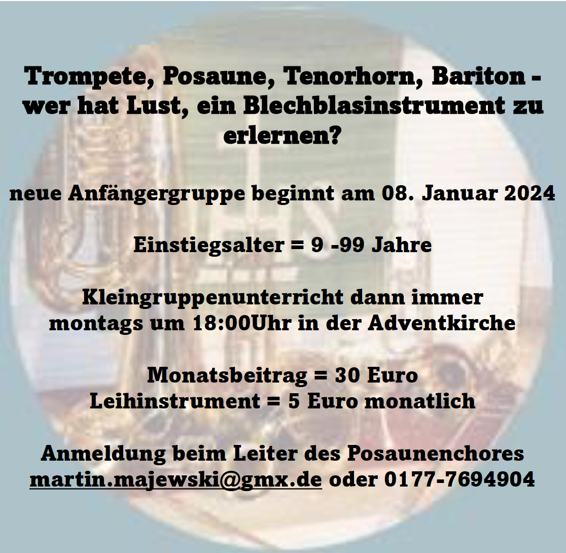 Werbung für Blechblasinstrument-Anfängerkurs ab Januar 2024.