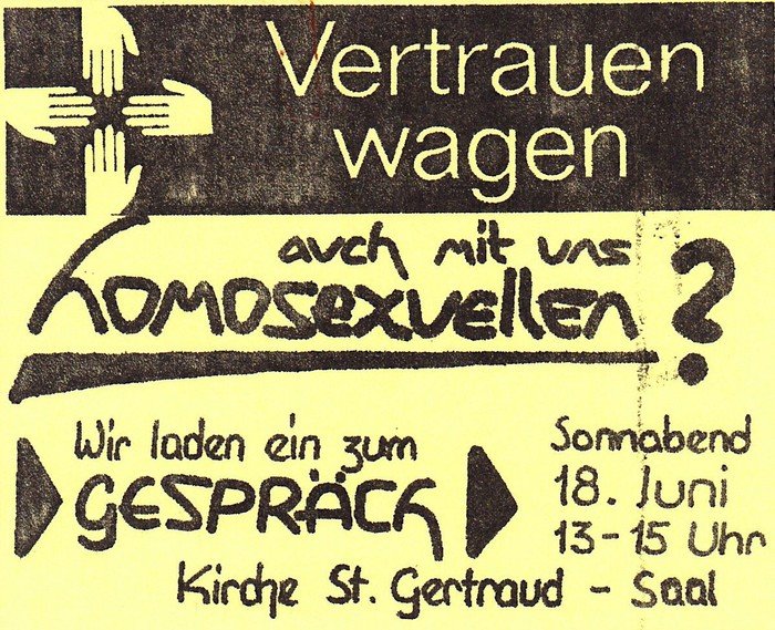 Flyer: „Vertrauen wagen auch mit uns Homosexuellen?“ Einladung zum Gespräch.
