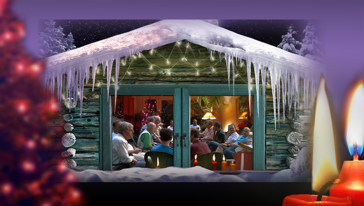  Winterhüttenszene mit Menschen und Kerzen.